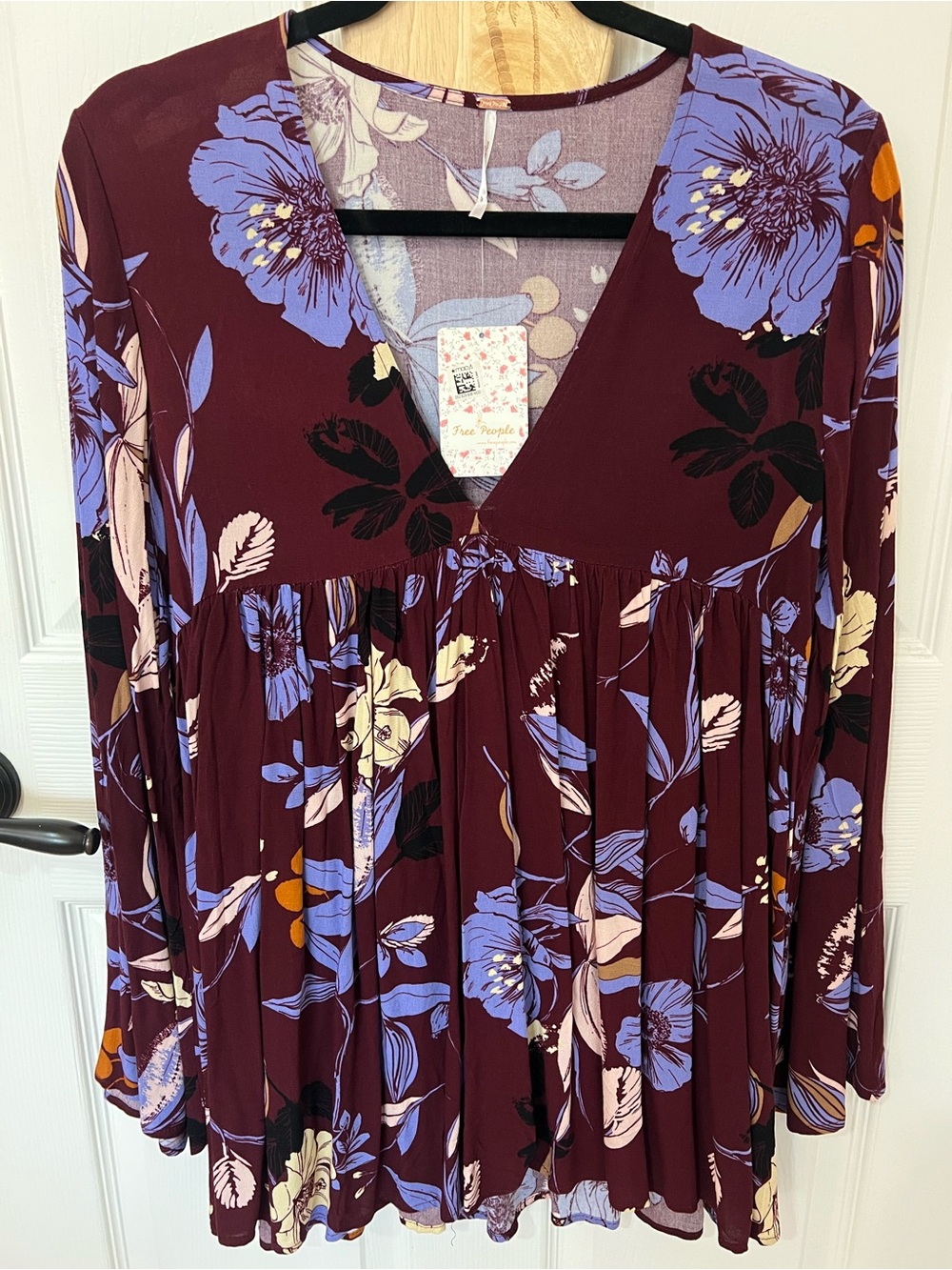 Free People Burgundy Floral V-Neck Tunic with Lavender and Cream Accents